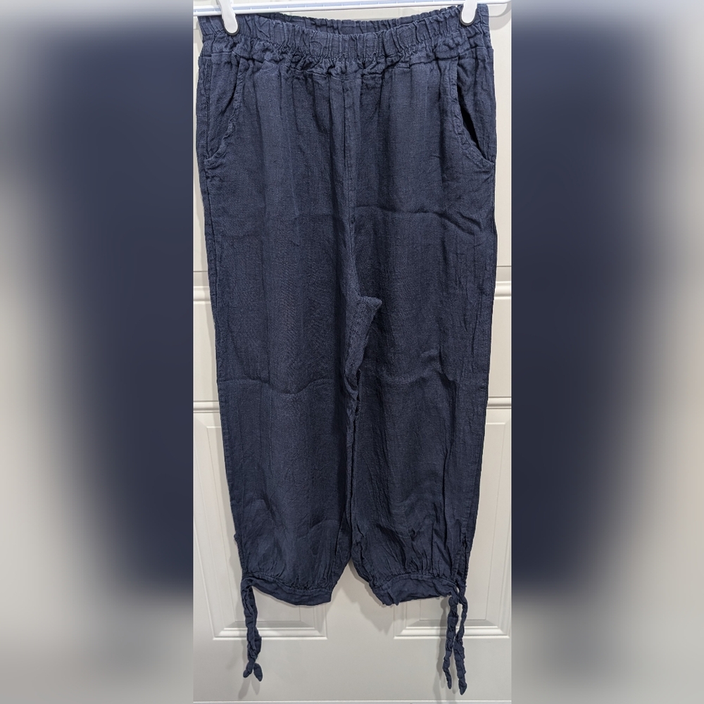 Blue Relaxed Fit Linen/Lino Pants With Elastic Waist & Ankle Ties.Made In Italy